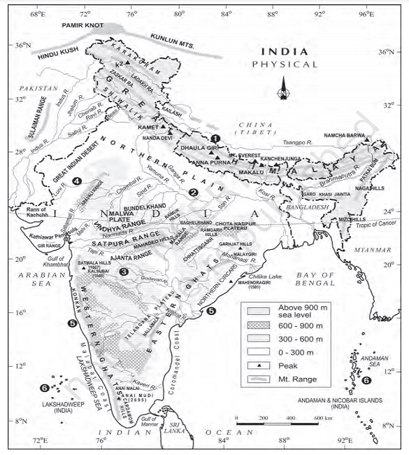 Physiography of himalayas on map