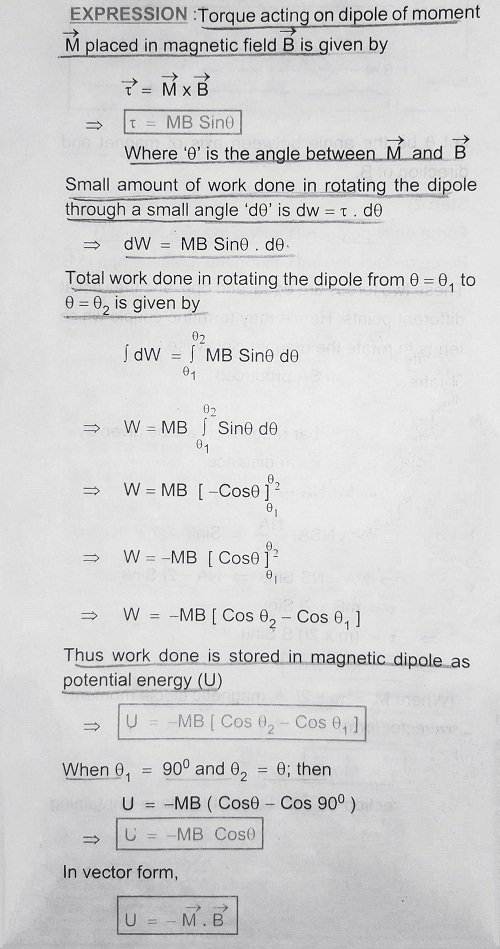 Potential Energy of Magnetic Dipole in Magnetic Field Derivation