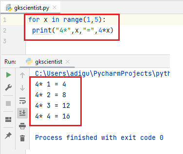 for with range function to create table in python