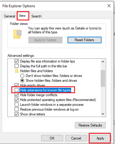 hide extensions for known file types in computer