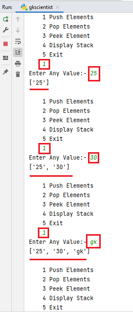 stack push operation in python