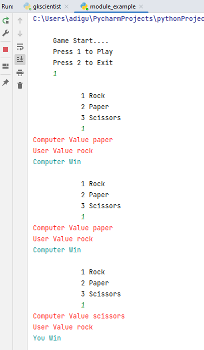 Rock Paper Scissors Game in Python Output1