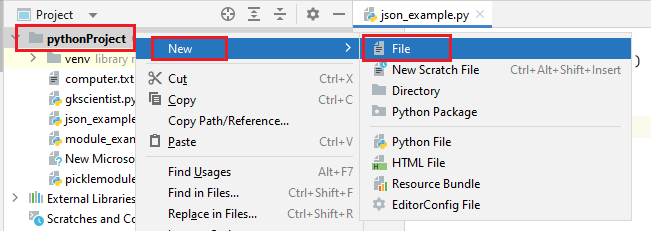 create new file in pycharm with .json extension