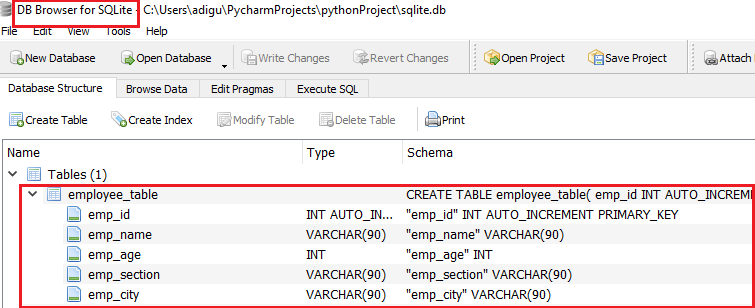 employee table in db browser for sqlite