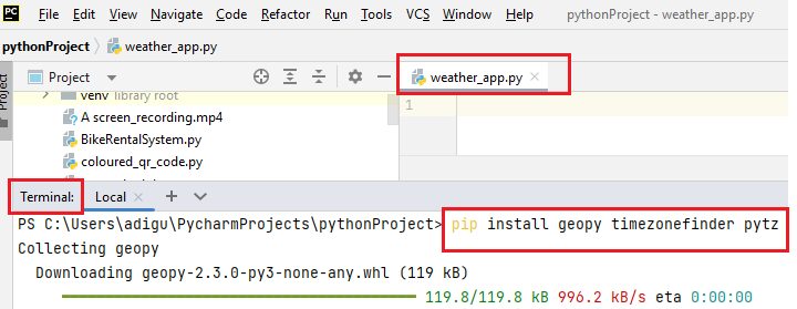 weather app package install in python