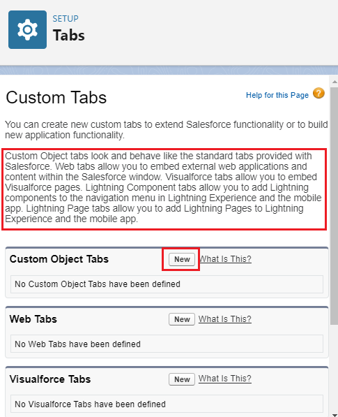 Click on new btn custom object tabs salesforce