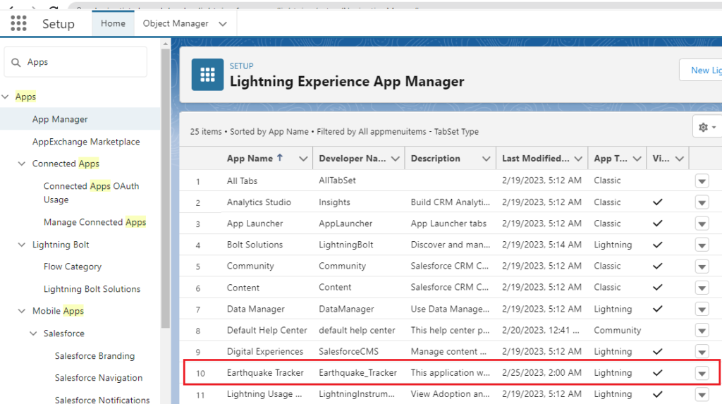new lightning app created in salesforce
