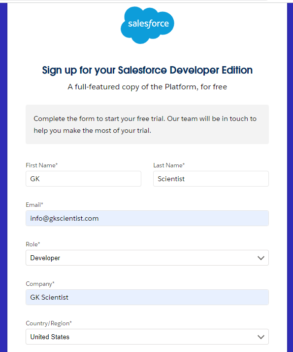 salesforce developer account form