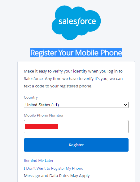 salesforce register mobile number