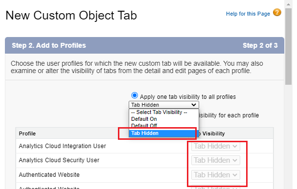 salesforce select tab visibility hidden