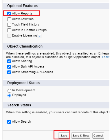 allow reports option in salesforce