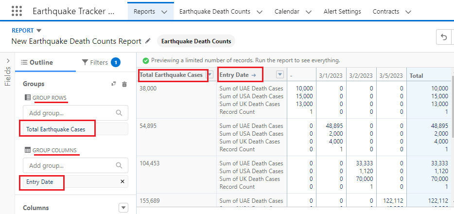 group rows and columns added in salesforce report