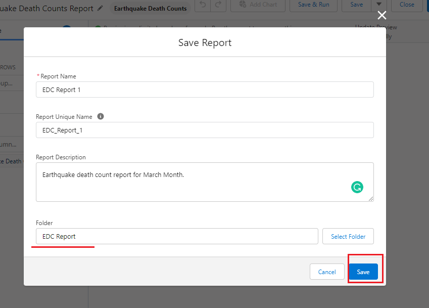 report saved in salesforce